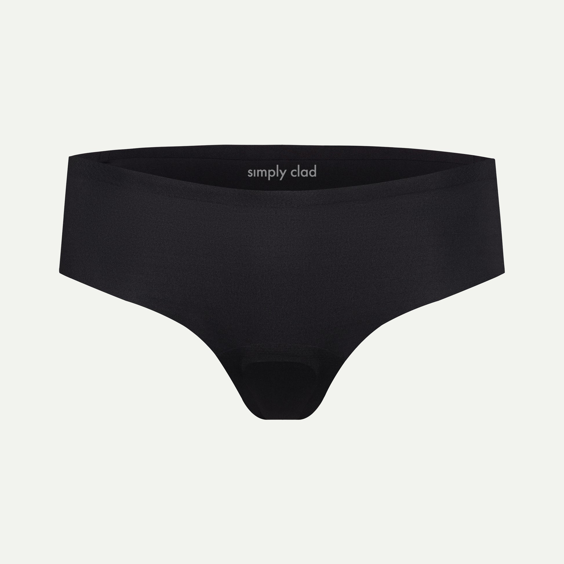 Front view of black camel toe proof thong underwear with seamless, no-front-seam design and patented coverage for invisible protection under leggings.