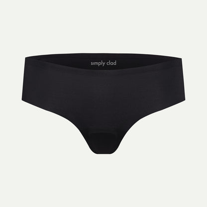 Front view of black camel toe proof thong underwear with seamless, no-front-seam design and patented coverage for invisible protection under leggings.