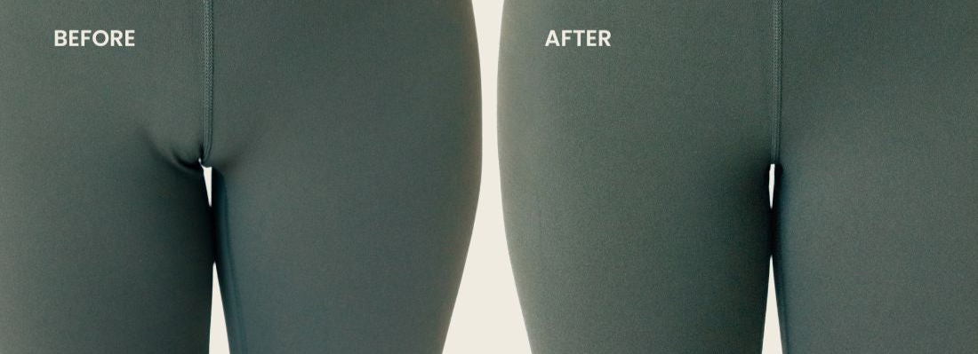 Before and after comparison of leggings fit with and without Simply Clad camel toe proof thong — visible camel toe shown before, smooth seamless look after for ultimate confidence.