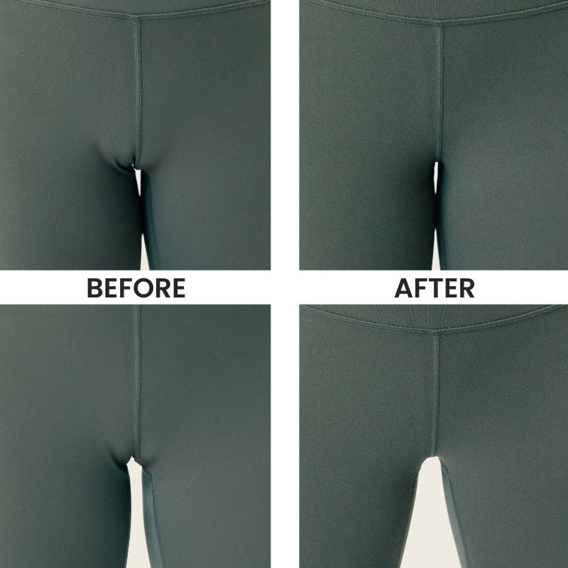 Before and after wearing camel toe proof thong underwear under leggings – seamless and invisible fit comparison