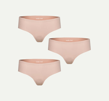 3-pack camel toe proof thong underwear in beige and pink — seamless, no-show fit with patented coverage and free shipping for everyday comfort.