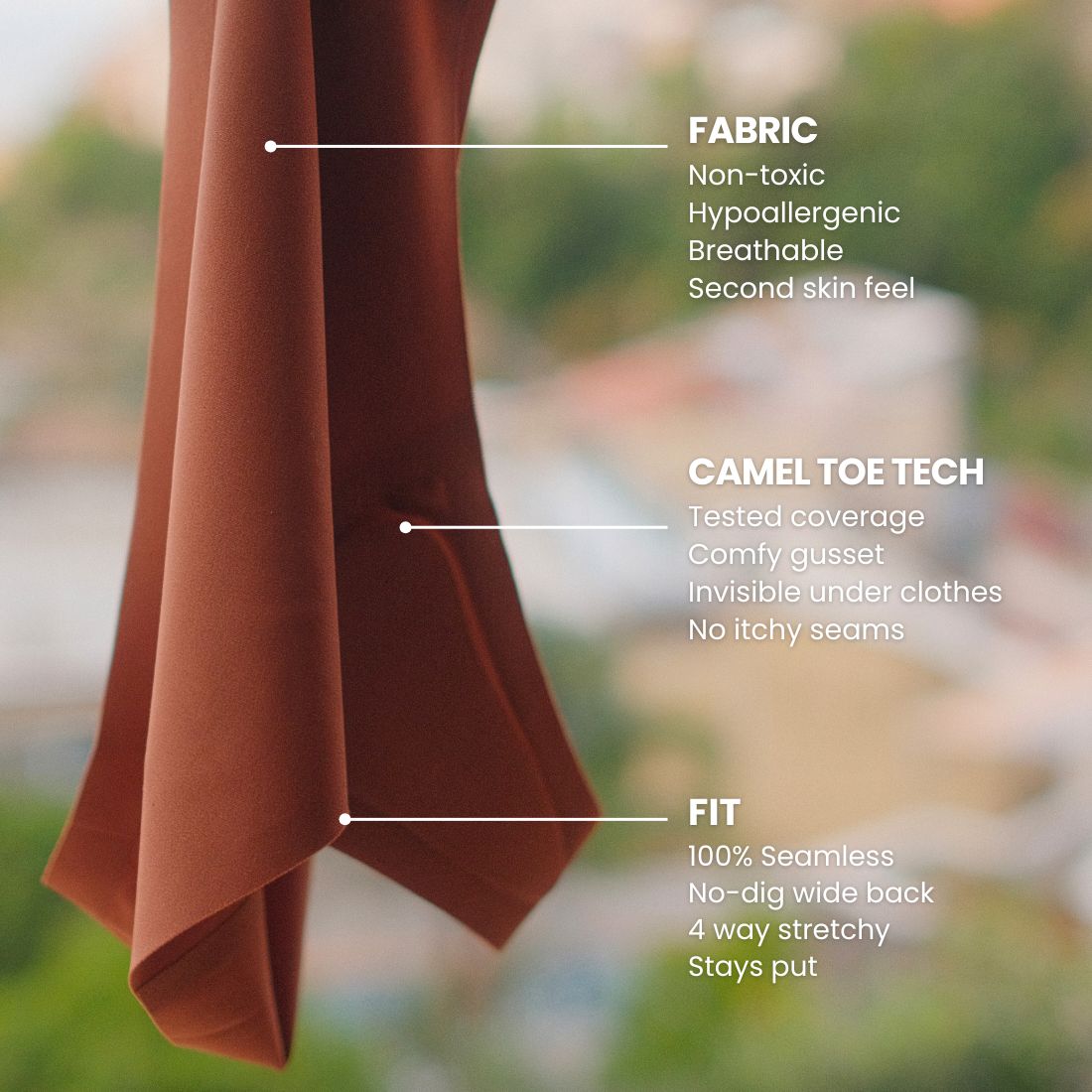 Camel toe proof thong fabric with breathable, non-toxic, hypoallergenic, seamless design and built-in gusset for invisible coverage